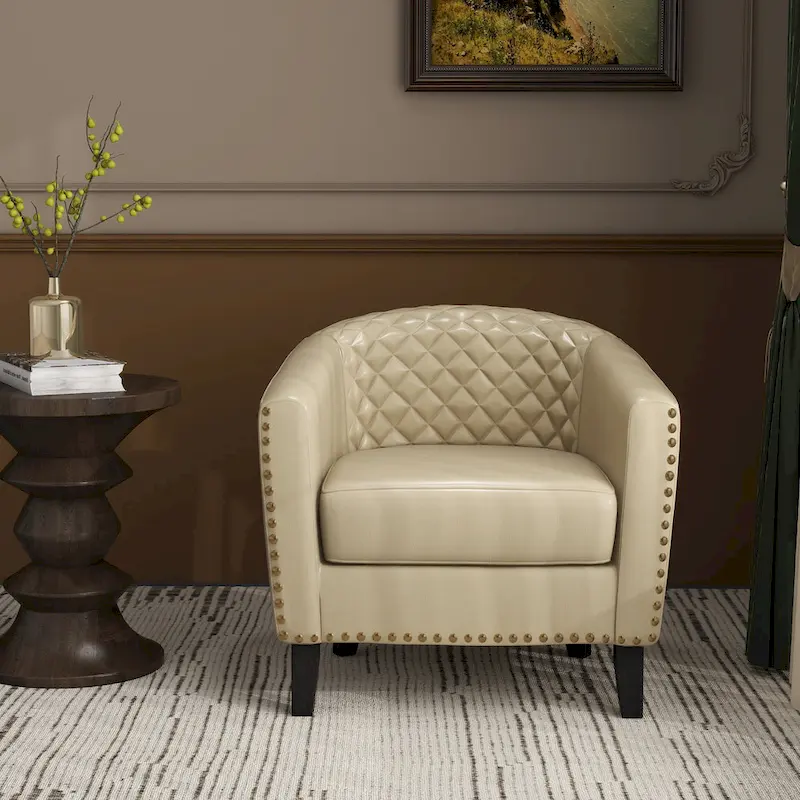 Modern Faux Leather Barrel Accent Chair with Wood Legs