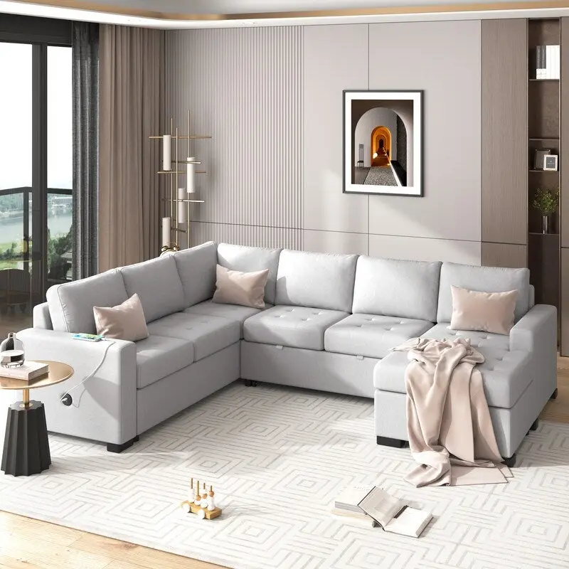 L-Shaped Corner Combination Sofa with Ottoman,USB and Type-C Interfaces