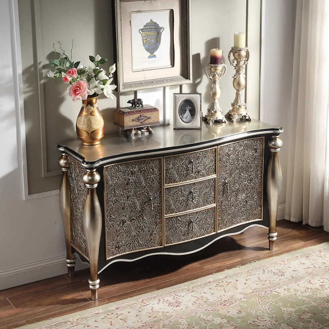 Vintage Gold Wooden Sideboard with Locking Drawer