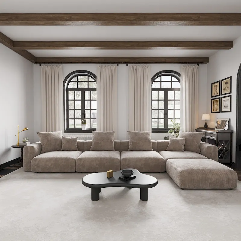 L-Shaped Corduroy Sectional Sofa | 5-Piece Upholstered Set, Modern Living Room
