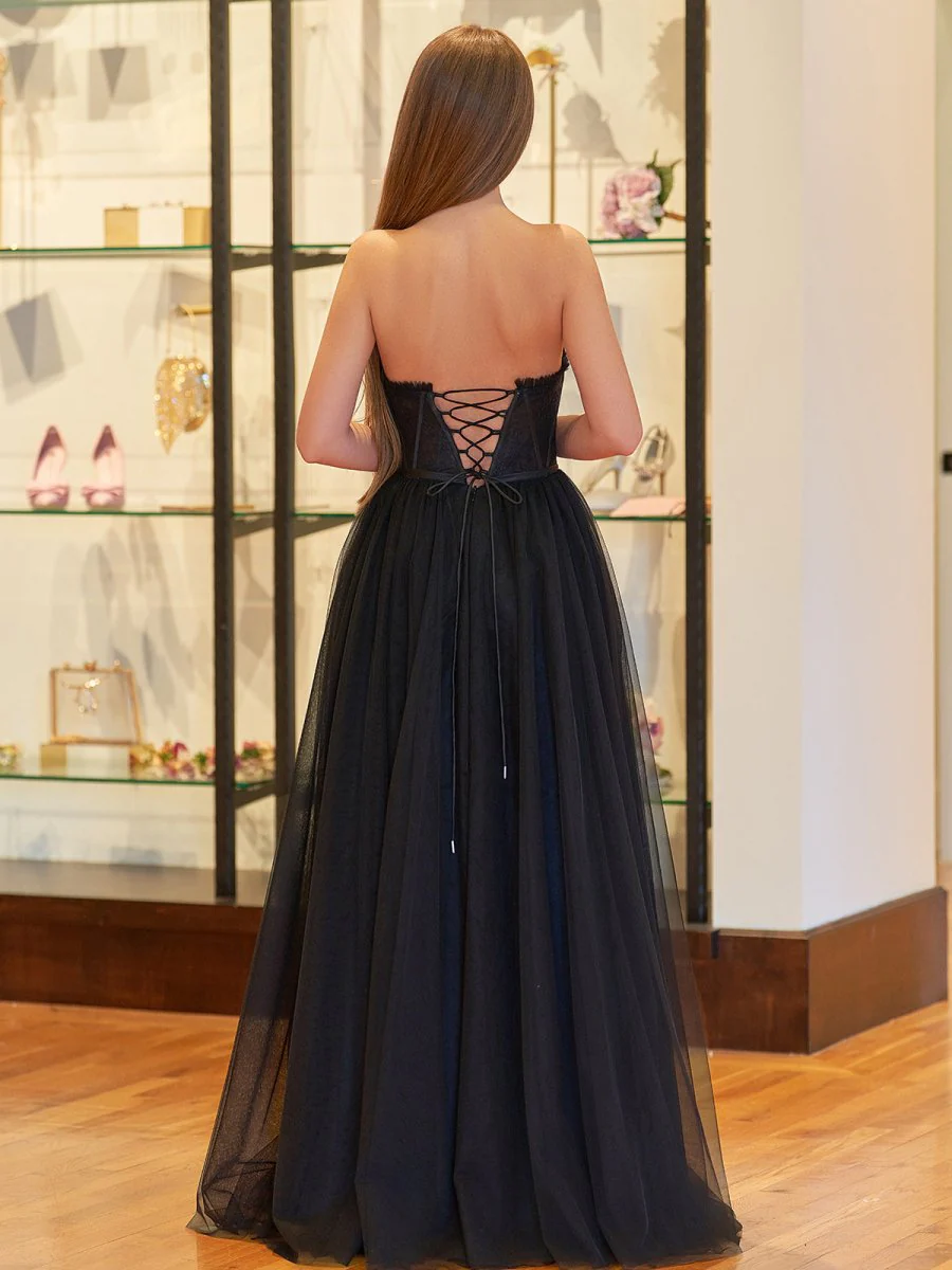 A Line Sweetheart Corset Tulle Prom Dress with Slit