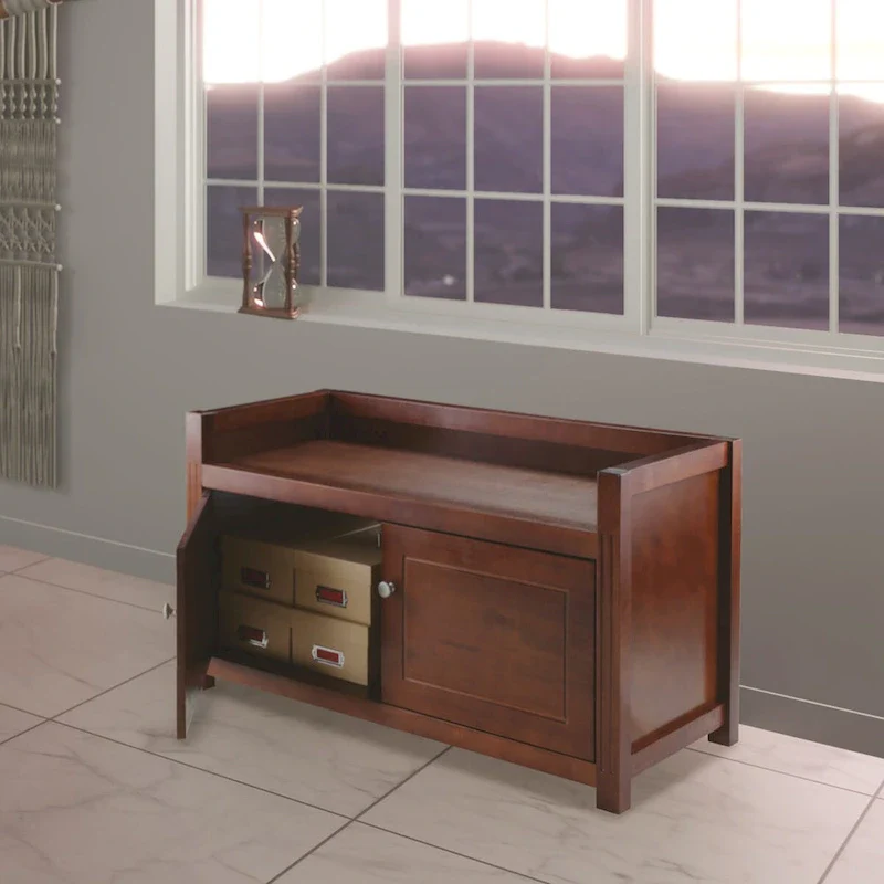 Walnut Storage Bench with 2-Door Cabinet — Solid & Composite Wood, 39.76