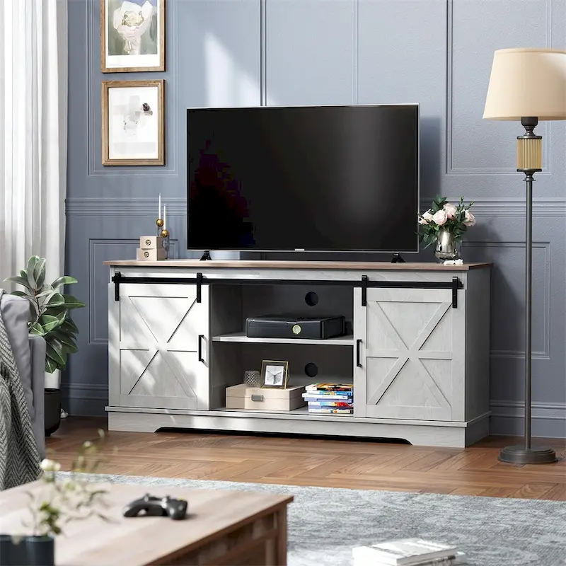 White / Grey / Black Sliding Barn Door TV Stand, Farmhouse Style, Fits up to 65