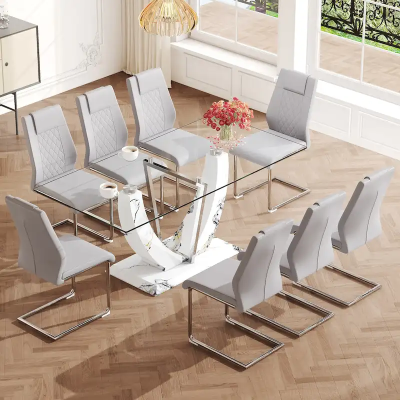 Modern Tempered Glass Dining Table Set with U-shaped Marble Pattern Base and PU Upholstered Chairs