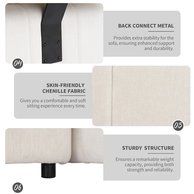 91.73 L-Shaped 4-Seat Sectional Sofa with 2 Hidden Stools, 2 Removable Lumbar Cushions, and Durable Chenille Fabric