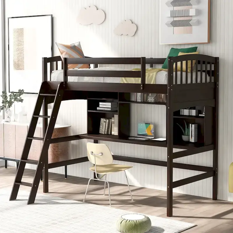 Twin size Loft Bed with Storage Shelves, Desk and Ladder