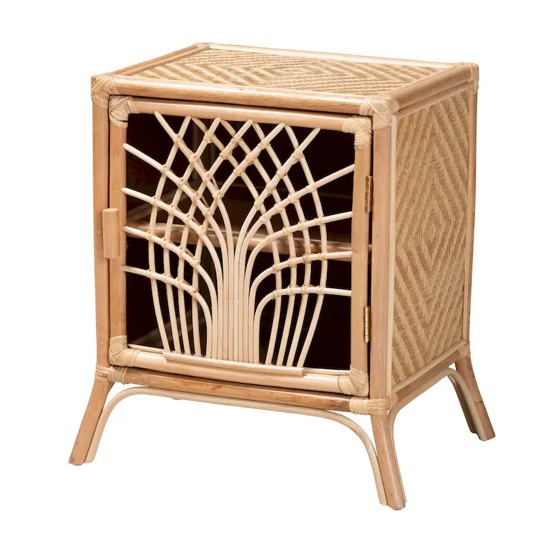 Natural Rattan Nightstand with Openwork Door