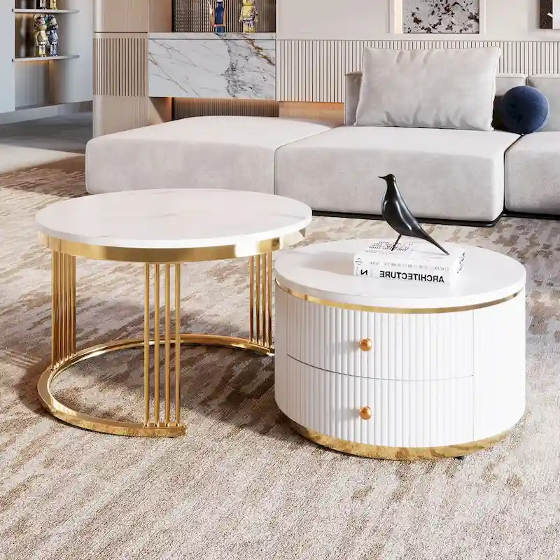 White round nested coffee table with drawers