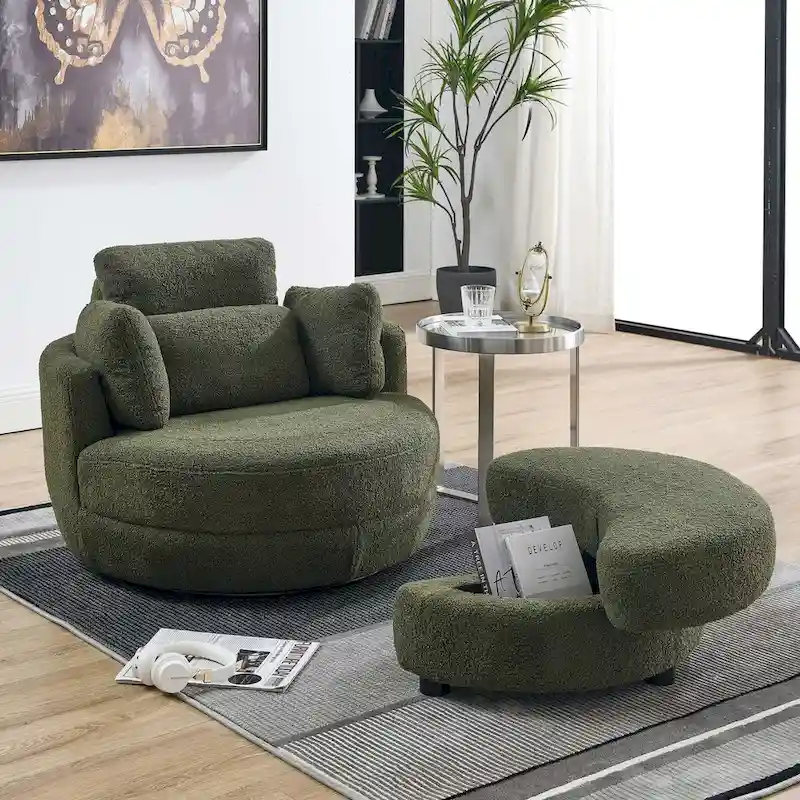 Modern Round Swivel Barrel Loveseat Accent Chair with 4 Pillows & Storage Ottoman