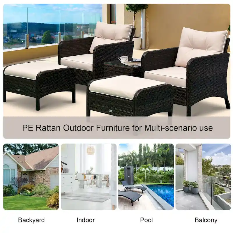 Outsunny 5-piece Wicker Patio Chairs, Ottomans, and Coffee Table Set