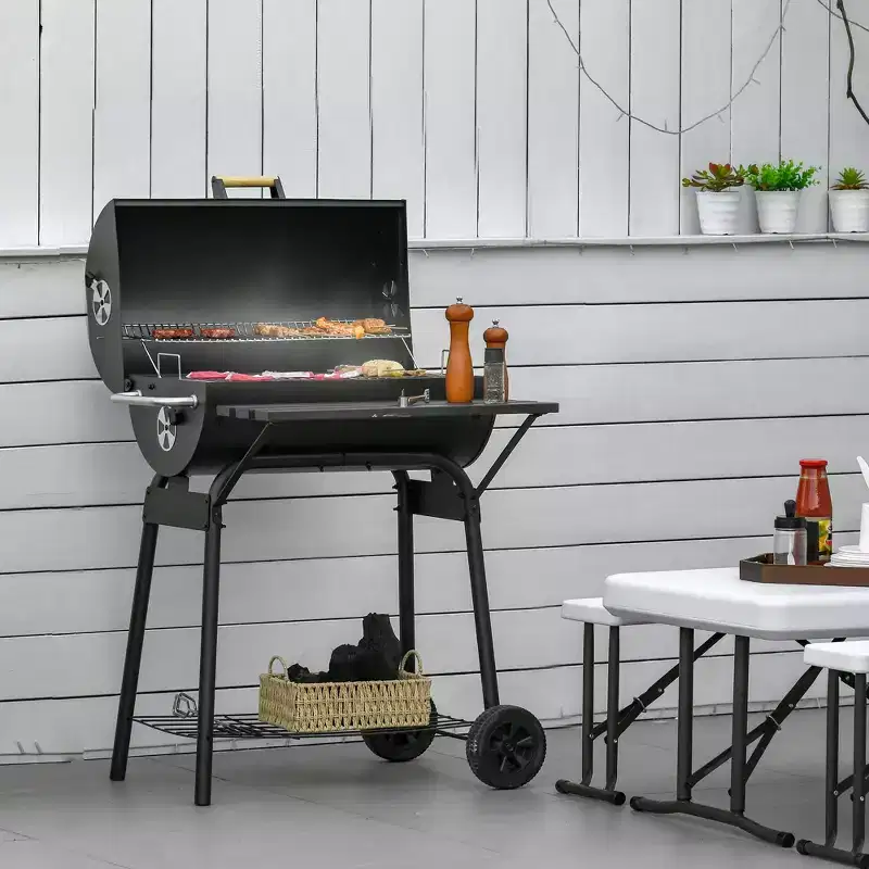 Outsunny 30 Portable Charcoal BBQ Grill Carbon Steel Outdoor Barbecue with Adjustable Charcoal Rack, Storage Shelf, Wheel, for Garden Camping Picnic