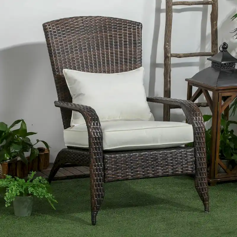 Patio Wicker Adirondack Chair with Soft Cushions, Tall Curved Backrest & Comfortable Armrests