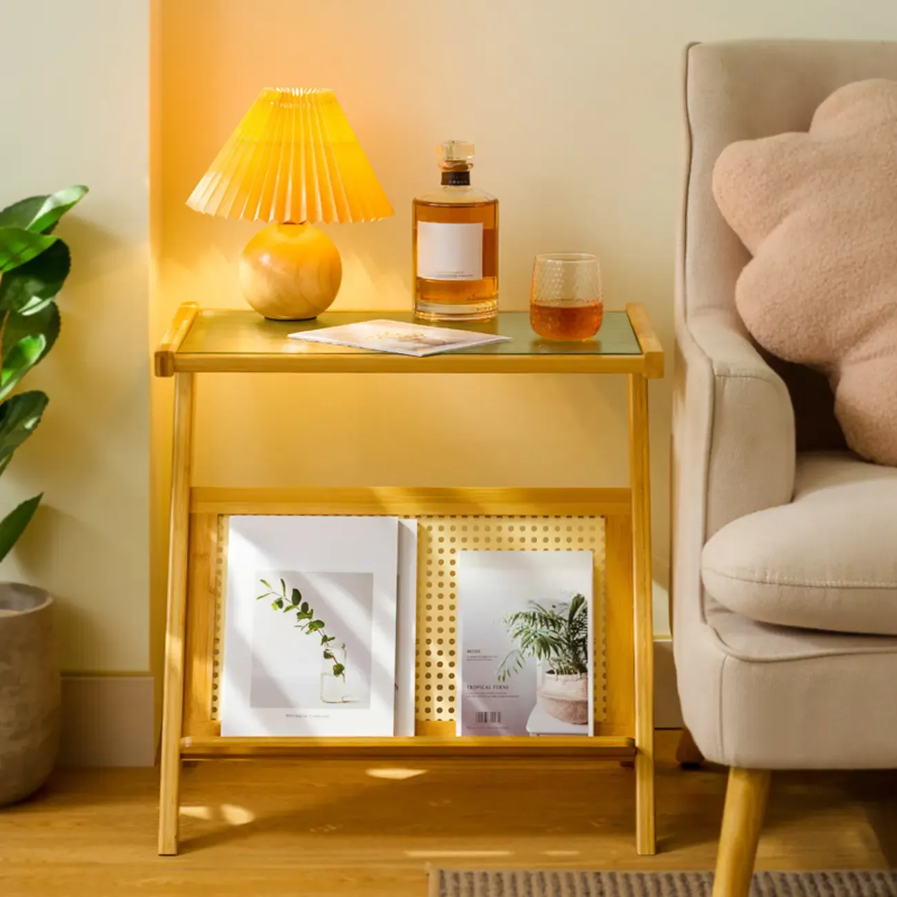 Glass and Wood Modern Foldable End Table with Rack