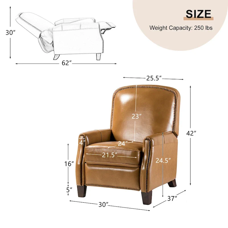 Modern Retro Genuine Leather Recliner with Nailhead Trim & Wooden Frame