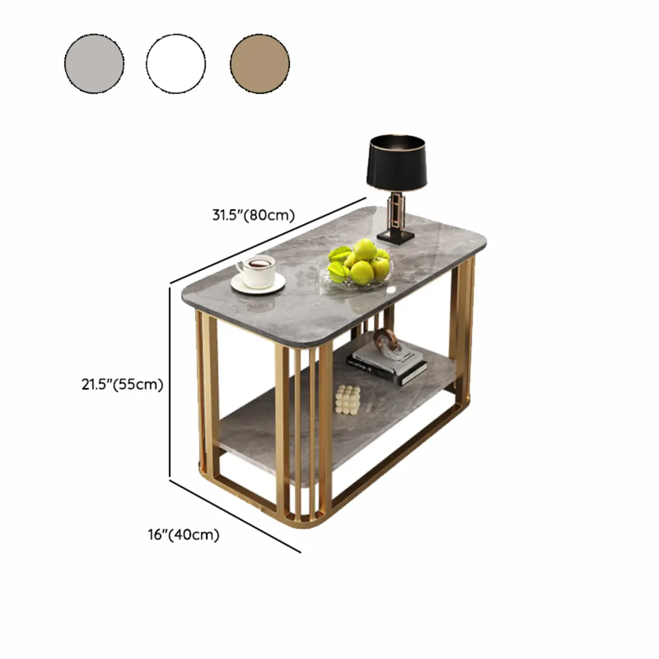 Luxury Rectangular Gold 2-Tier Coffee Table with Stone Top