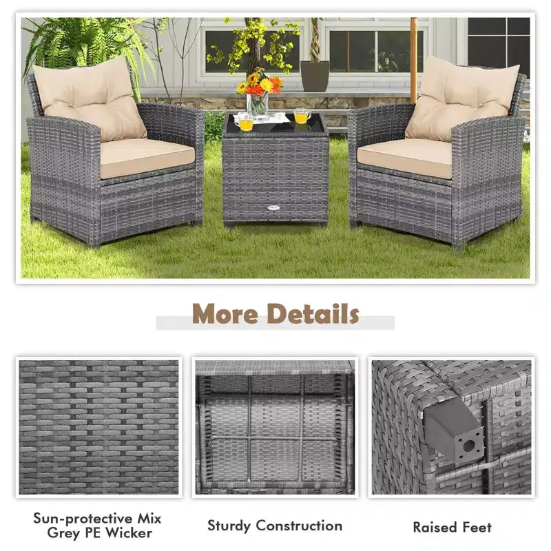 Costway 3PCS Patio Rattan Furniture Bistro Set Cushioned Sofas Side Table Armrest Red/Grey/Navy/Turquoise/Black