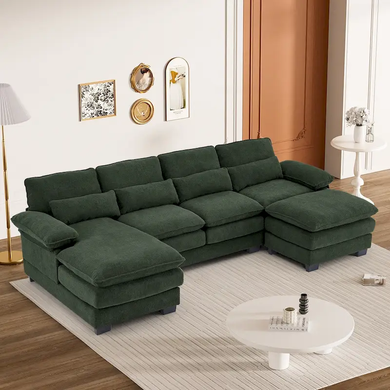 Soft Chenille Fabric U-Shaped Sectional Sofa with Double Layer Cushion