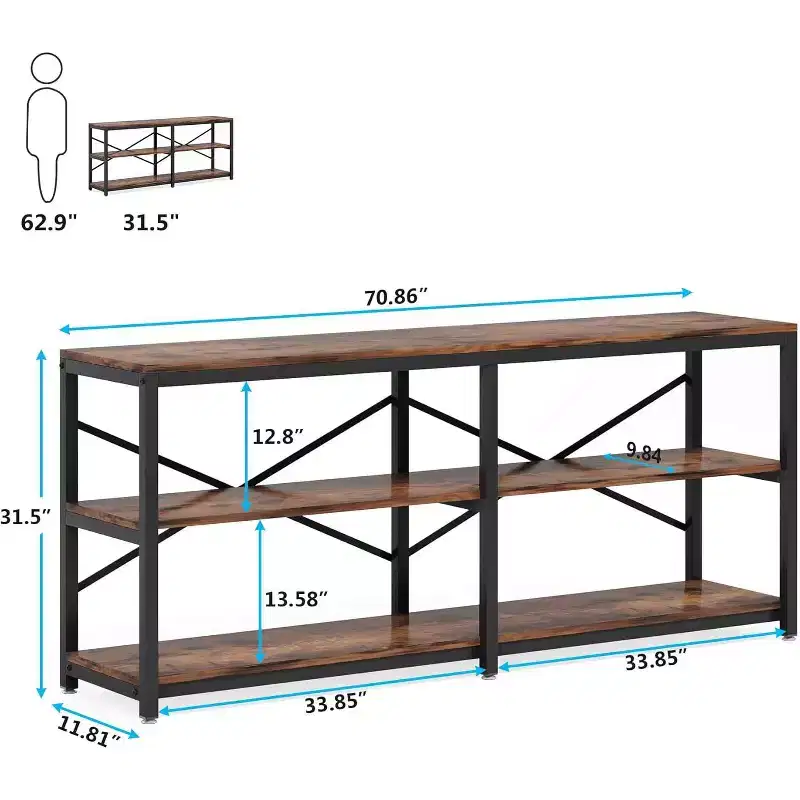 Lantine 70.9-Inch Extra Long Console Table, Modern Sofa Table with Storage Shelves, 3-Tier Industrial Hallway Entryway Table for Living Room, Brown