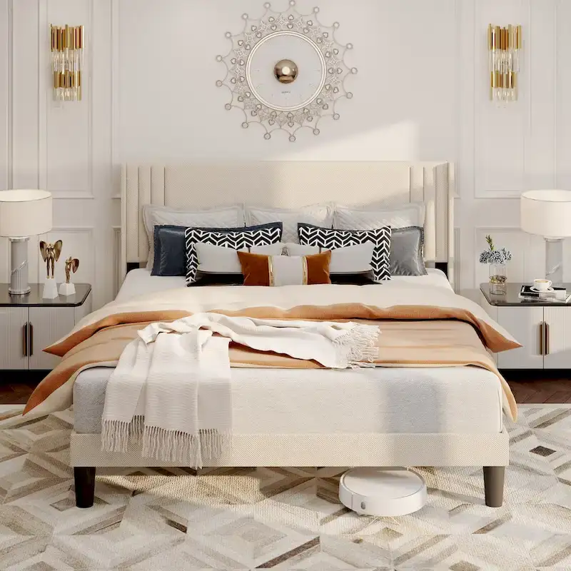 Queen/ Full Vertical Channels Upholstered Bed with Wingback Headboard