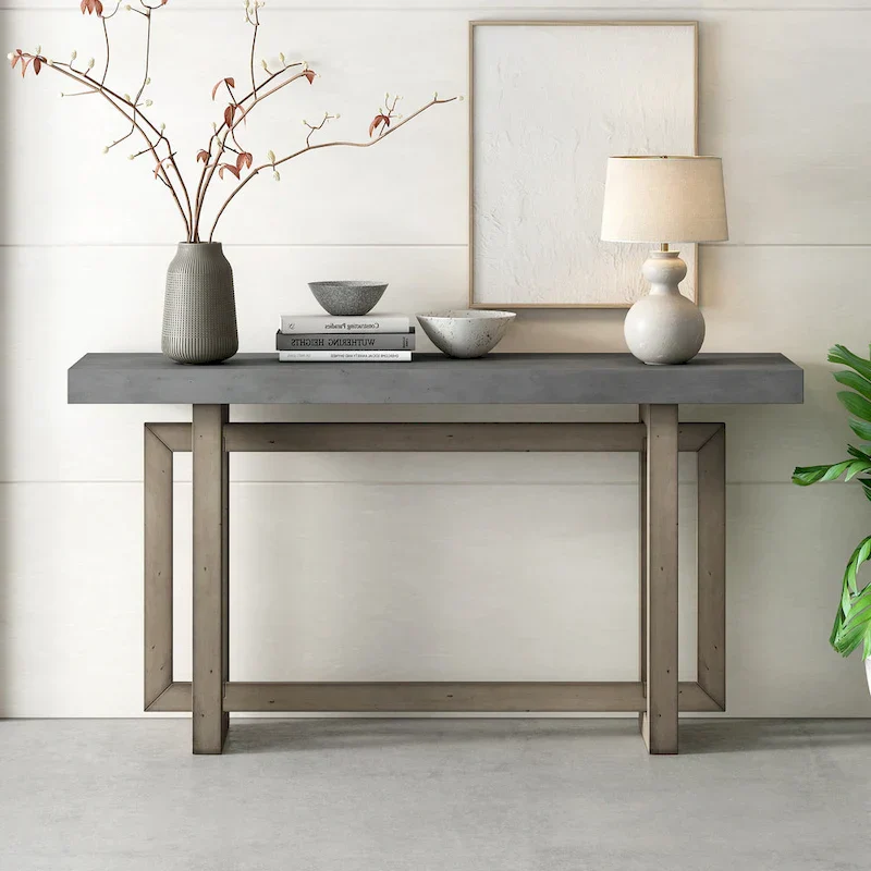 Concrete-Style Console Table with Pine Wood Frame