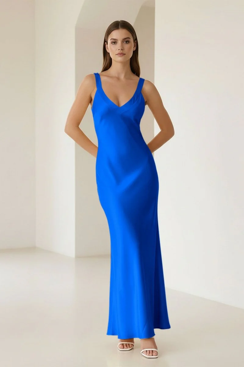 Yellow Mermaid Satin V Neck Long Party Dress