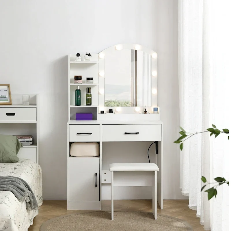 Vanity Table with Lighted Mirror and 3 Drawers and Storage Cabinet