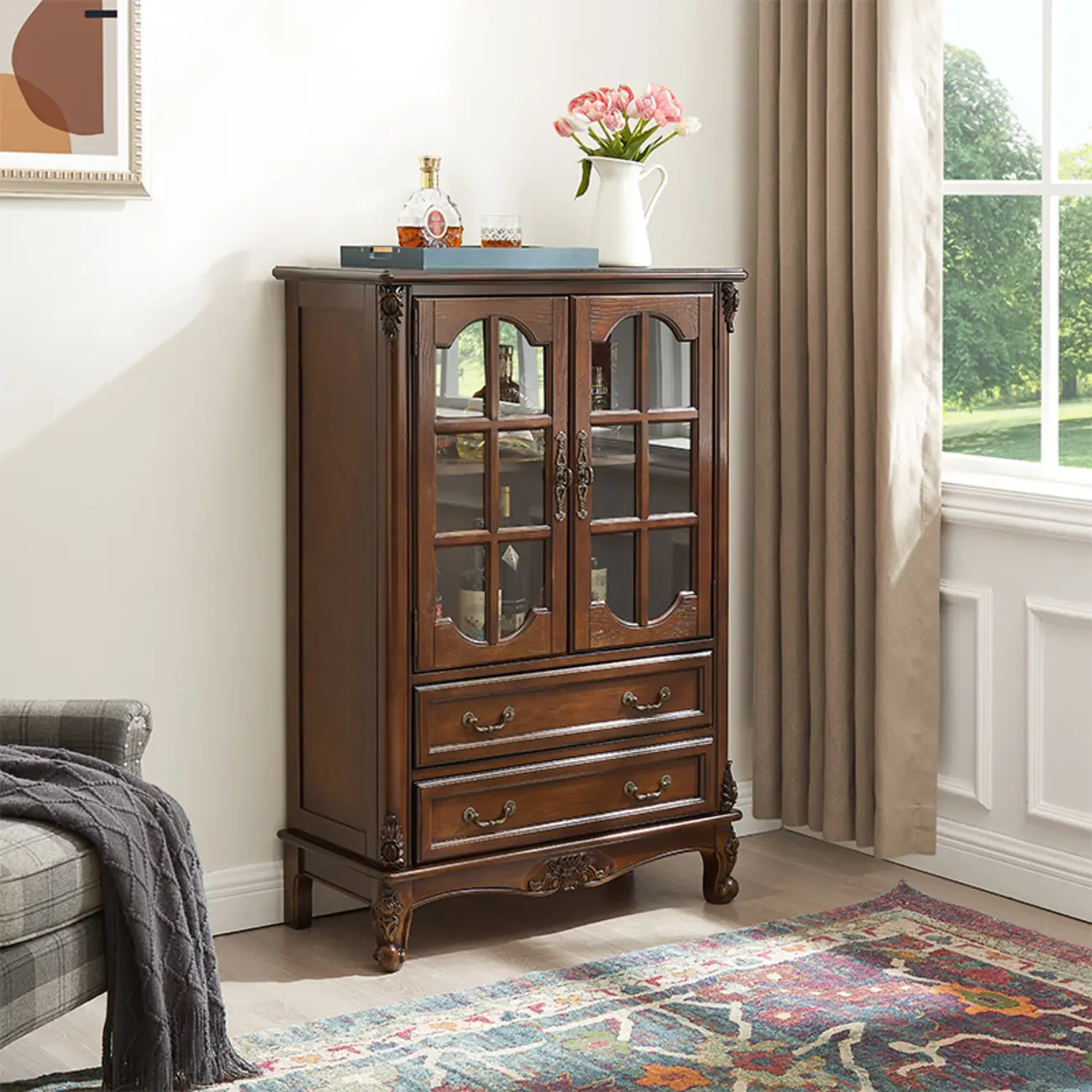 Traditional 34 Wood Wine Bar Cabinet with Drawers
