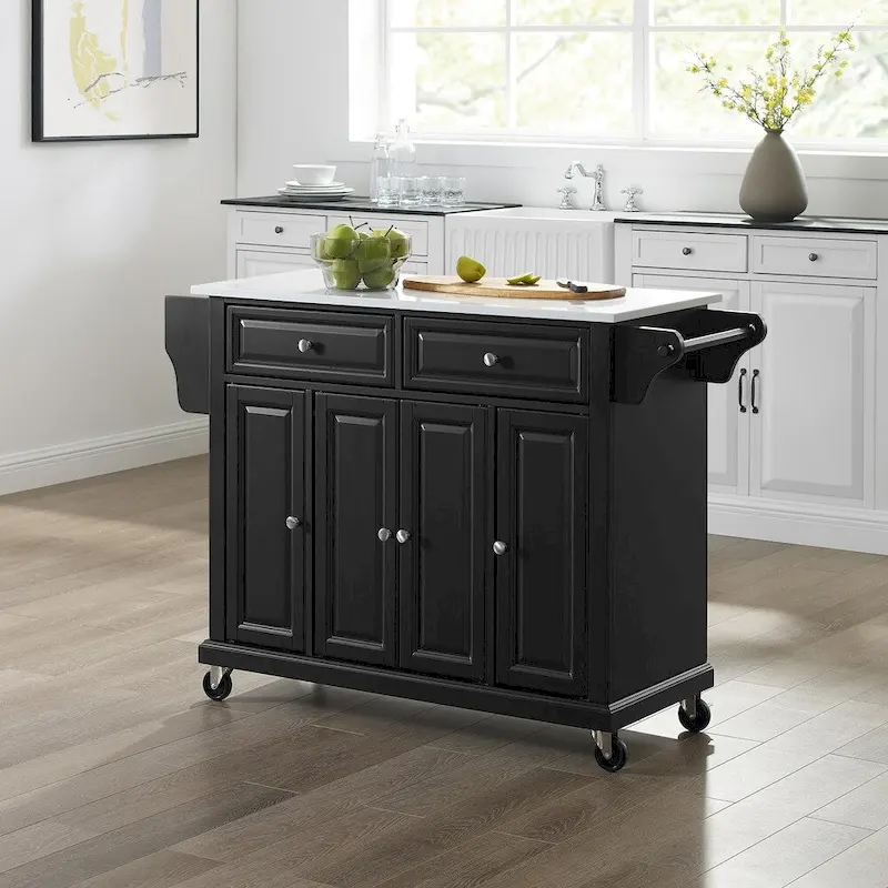 Full Size Granite Top Kitchen Cart in Black - 18d x 51.5w x 36h