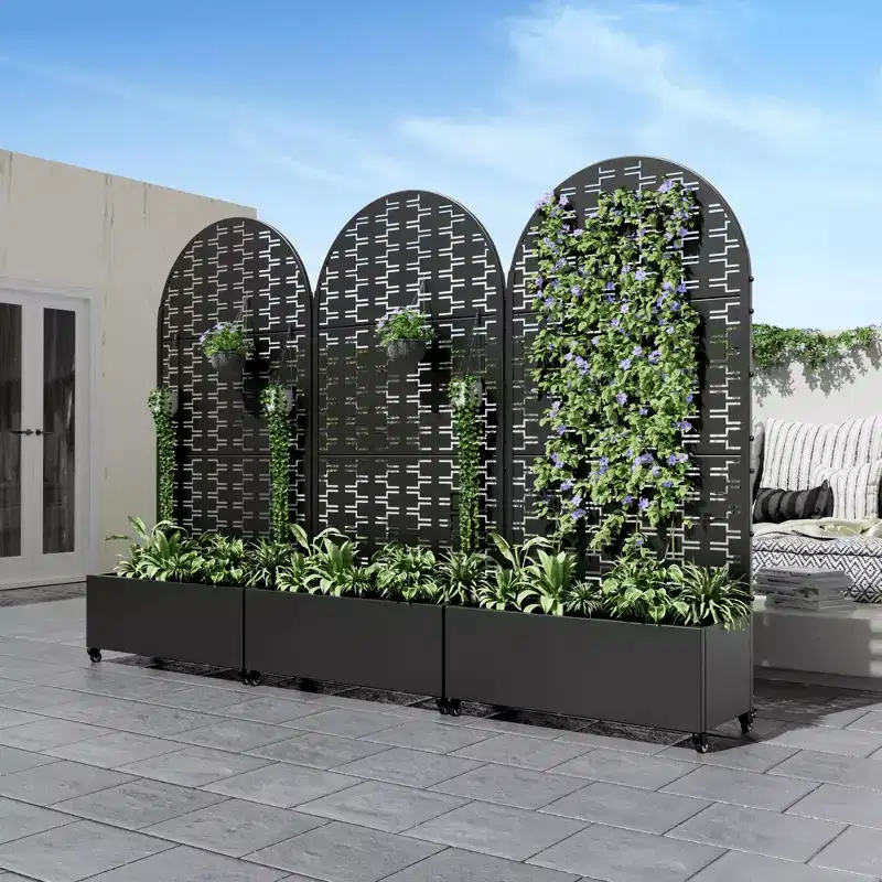 MAYEERTY Planter Box with Trellis Iron Black Rectangle Grid Pattern 71x35x16in 3-Piece Set