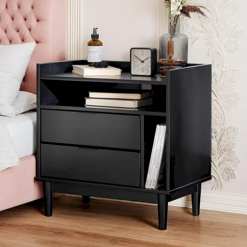 Mid-Century Modern Solid Wood 2-Drawer Gallery Nightstand