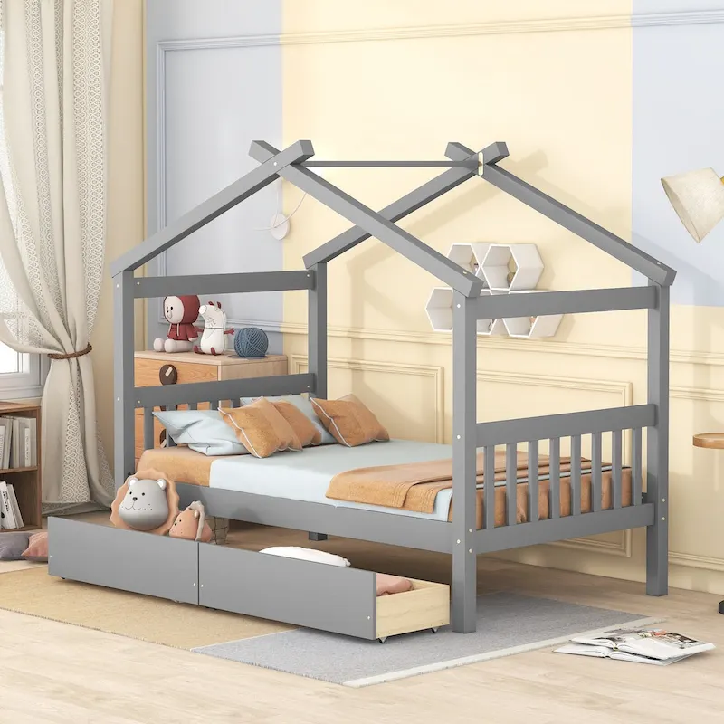 Gray / Walnut House-Shape Kids Bed with Drawers – Twin, 1-Person