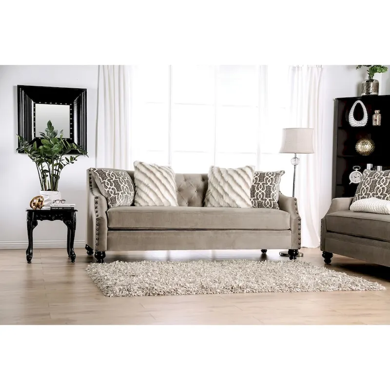 Cram Traditional Brown Chenille Tufted Nailhead Sofa by