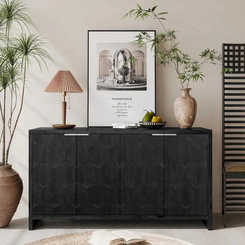 Accent Cabinet Farmhouse Style 4 Door Wooden Cabinet