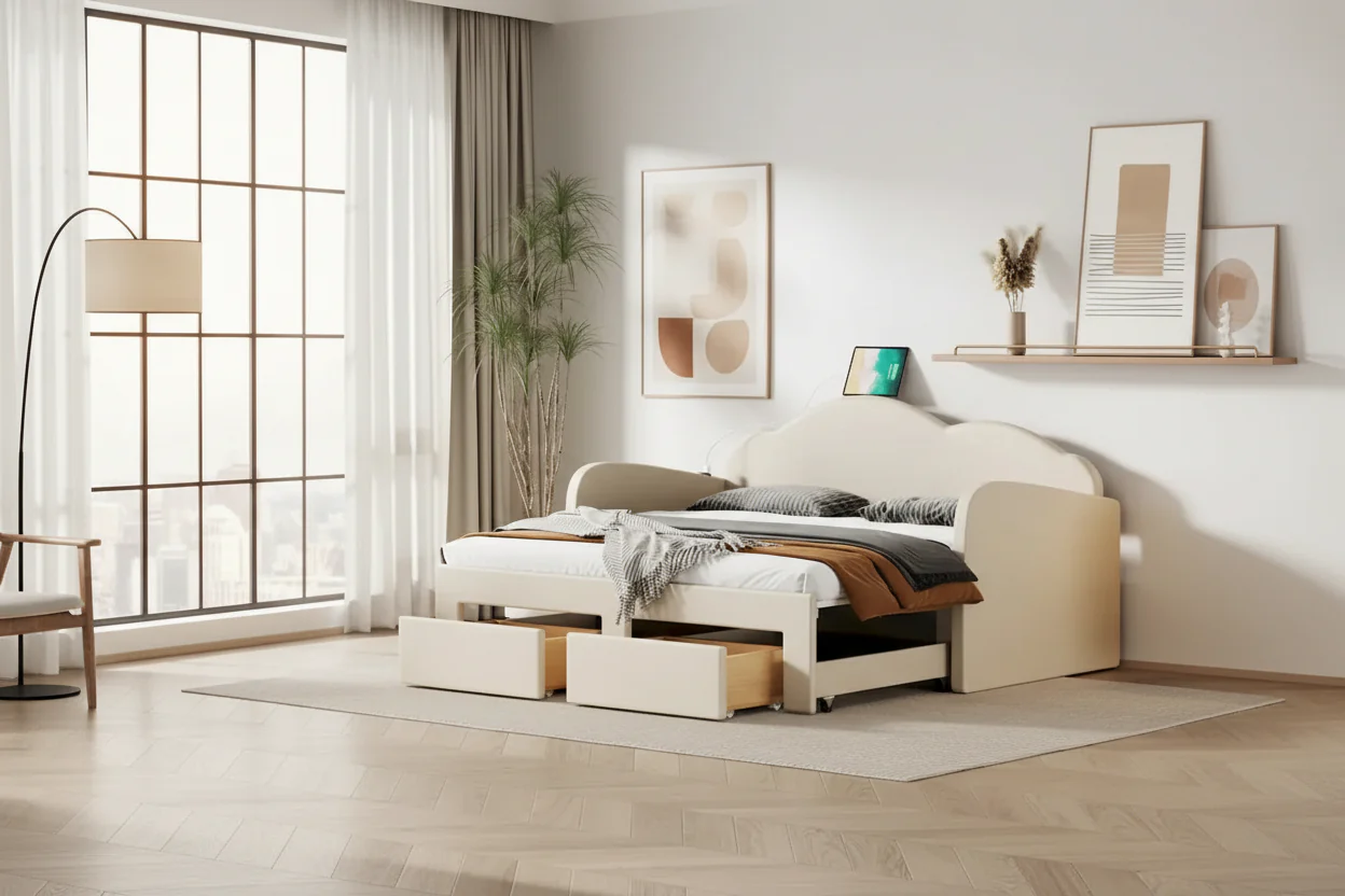 Beige Twin Upholstered Daybed with Cloud-Shaped Backrest, Trundle and Drawers