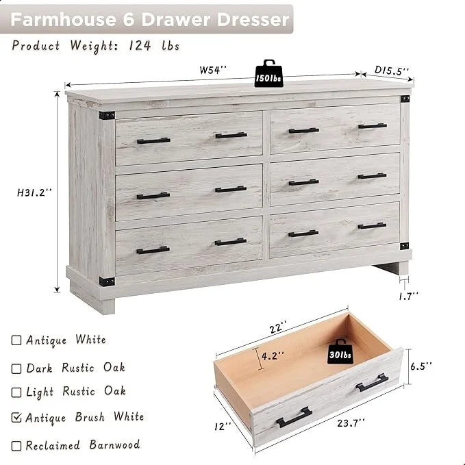 Farmhouse 6 Drawers Dresser, Wood Chest of Drawers, Closet Dresser