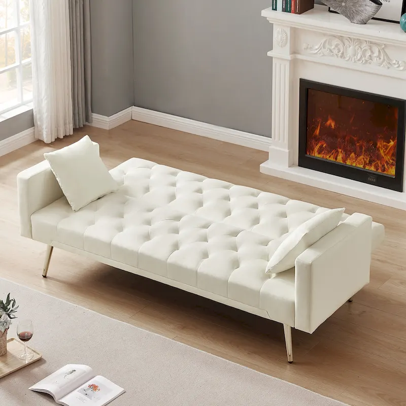 Tufted Upholstered Convertible Folding Sofa Bed Cream White