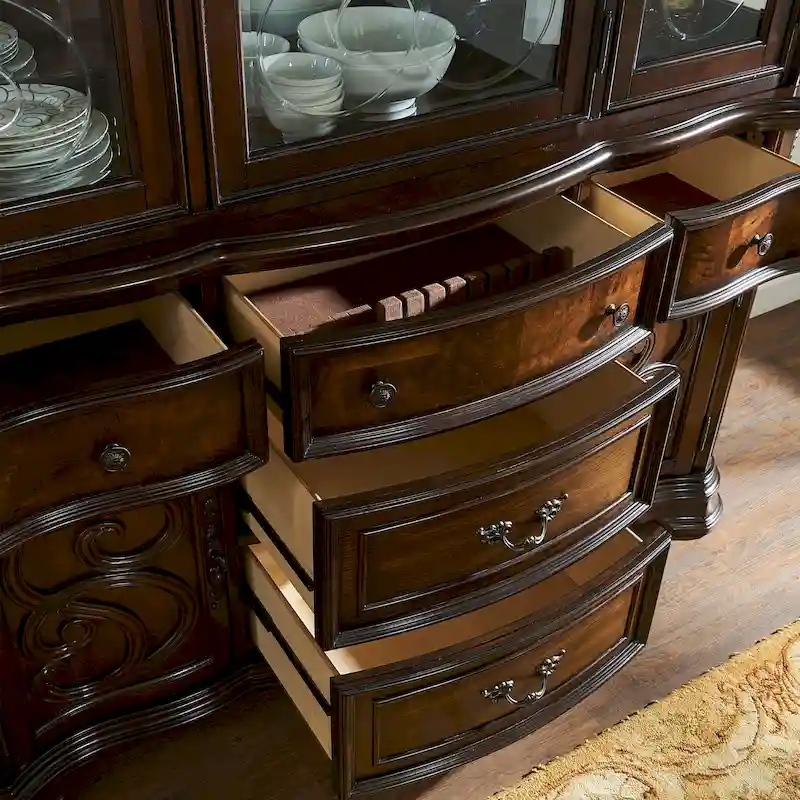 Traditional Hardwood Dining with Double Pedestal Table & Carved Chairs – Pecan, Seats up to 10
