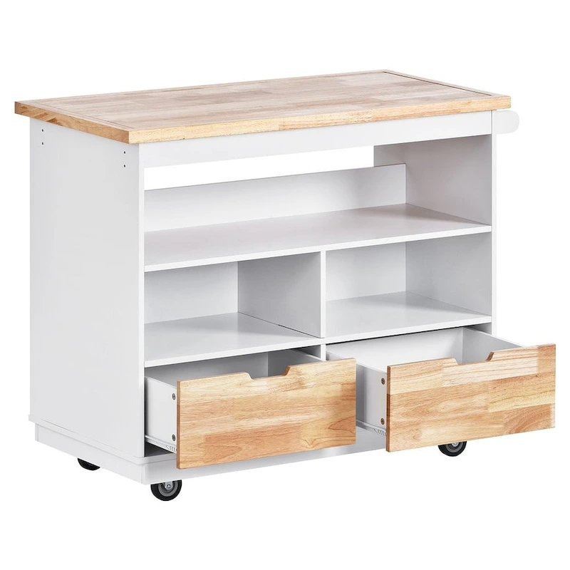 Kitchen Island on Wheels with Open Compartments and 2 Drawers