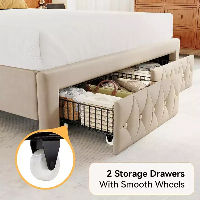 Dyonery Queen Velvet Bed Frame, 52.6 Wingback Tufted Headboard, 2 Drawers, No Box Spring
