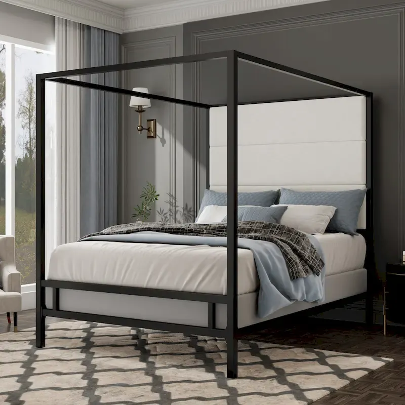 Sleek Modern Metal Canopy Bed with Tall Linen Upholstered Headboard