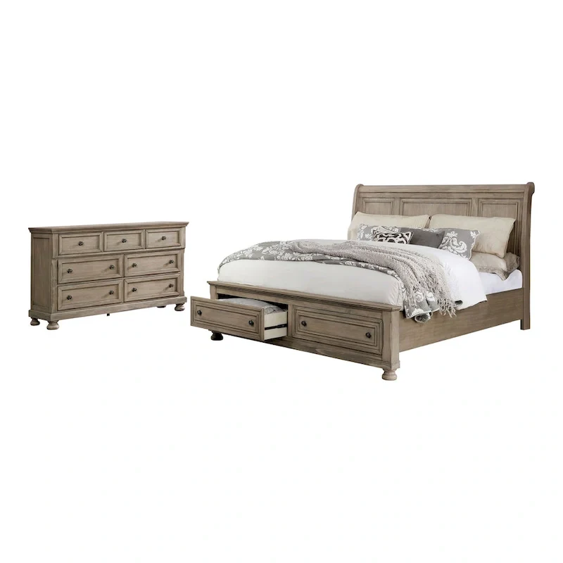 Transitional Grey Wood Storage Sleigh Bed and Dresser
