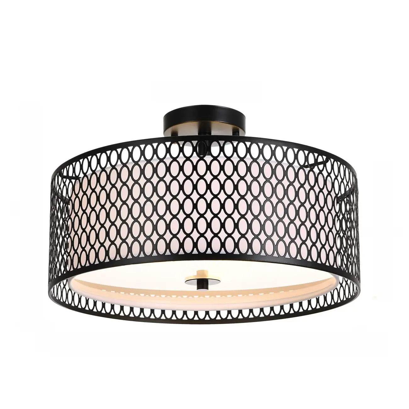 Modern Black Metal Hollow Cylinder Semi Flush Ceiling Light