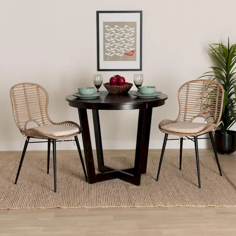 Rattan & Metal Dining Chair Set of 2, Bohemian Style, Black / Greywash