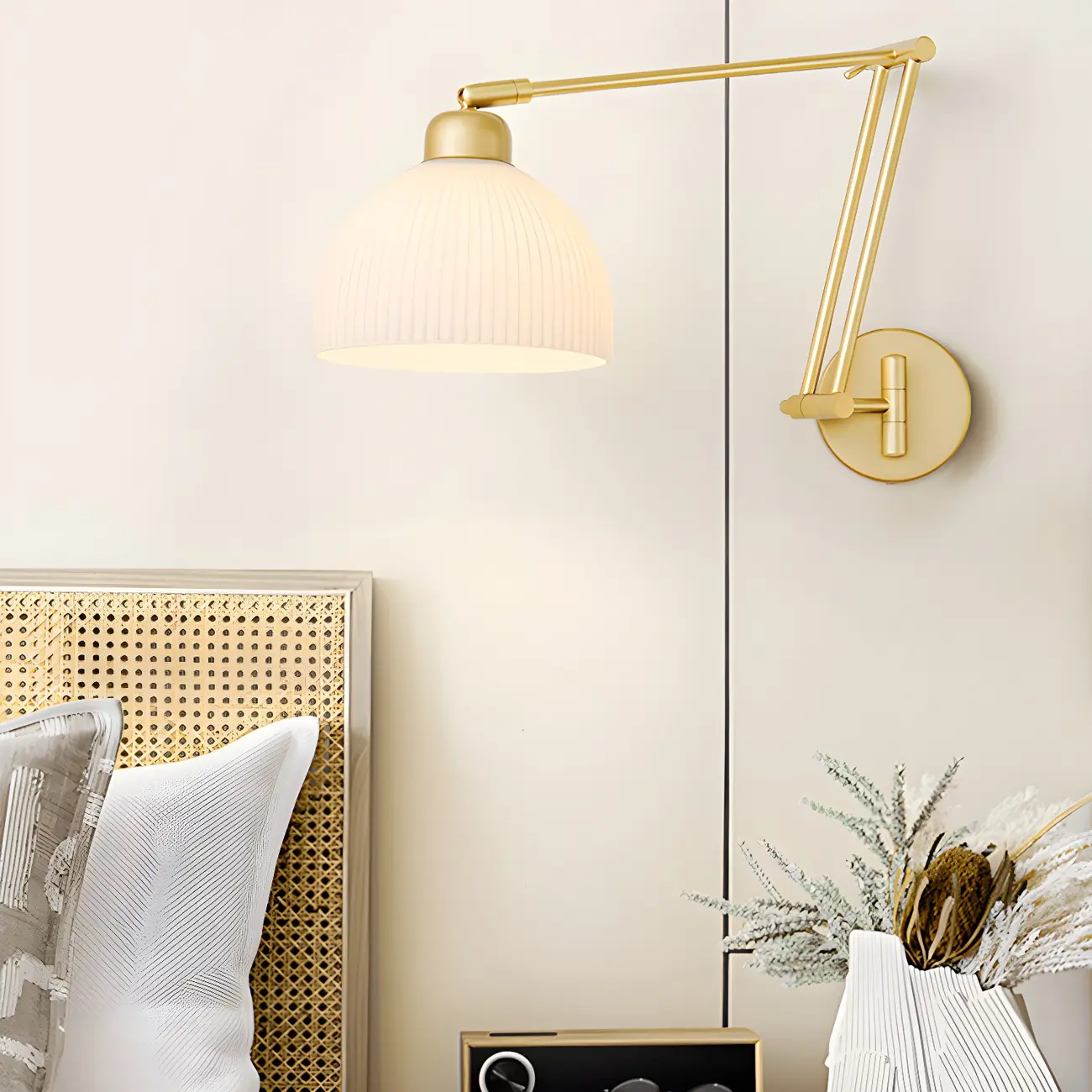 Modern Gold Adjustable Swing Arm Wall Light with White Shade