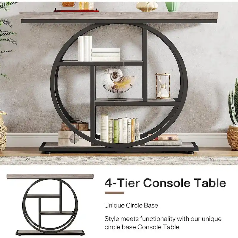 Industrial 4-Tier Sofa Table Entryway Table with Circle Base