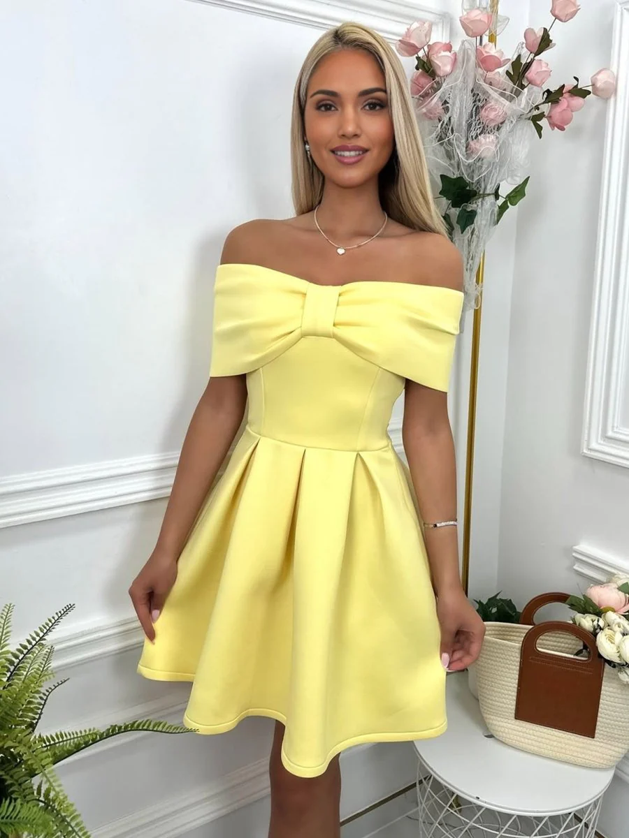 Yellow - Off The Shoulder A Line Satin Short Homecoming Dress With Bow