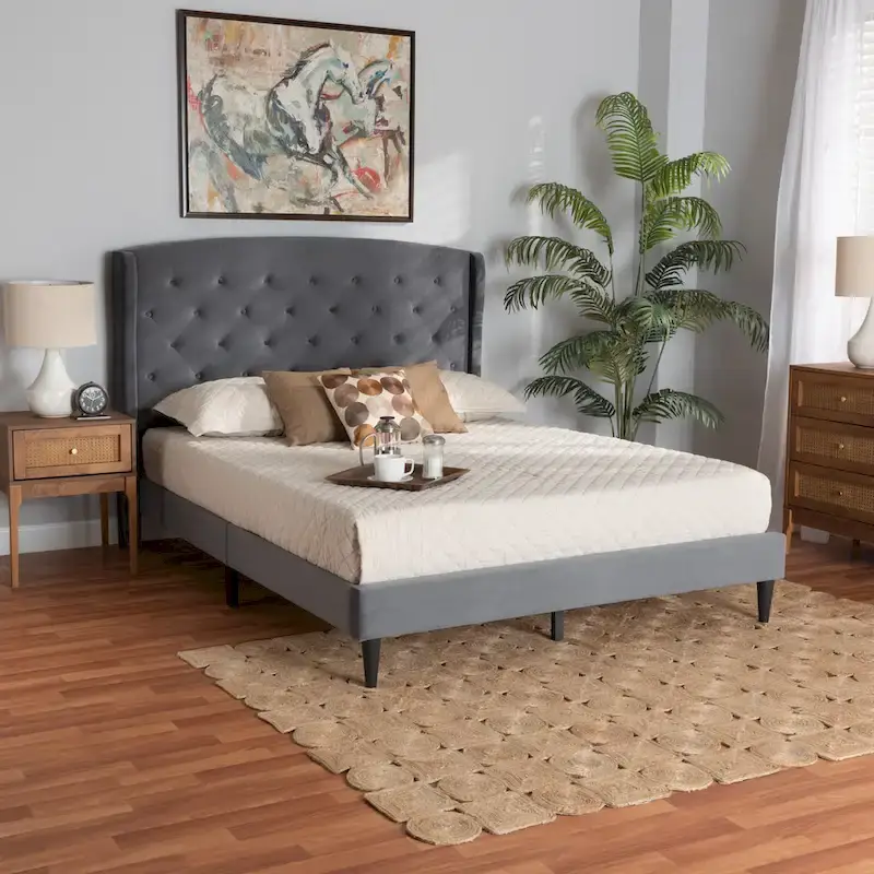 Joanna Modern and Contemporary Velvet Fabric Upholstered and Dark Brown Finished Wood Platform Bed