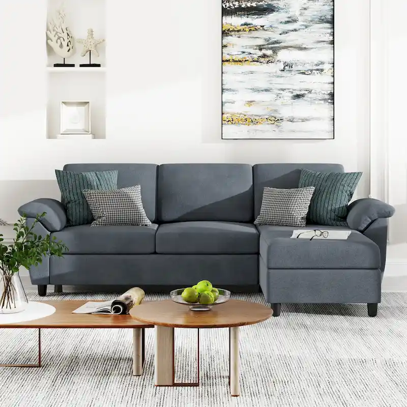 Khaki / Black / Grey / Green L-Shaped Sectional Sofa with Ottoman, 3-Seat Fabric Couch with Removable Pillows