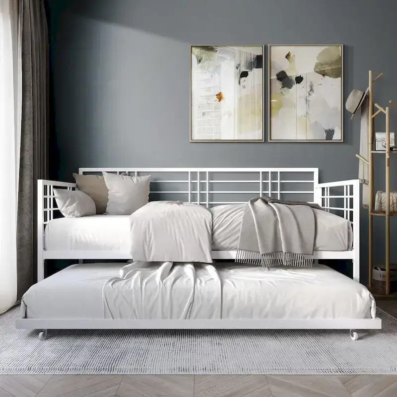 White/Brown/Black Metal Twin Daybed with Roll-Out Trundle, 1-Person