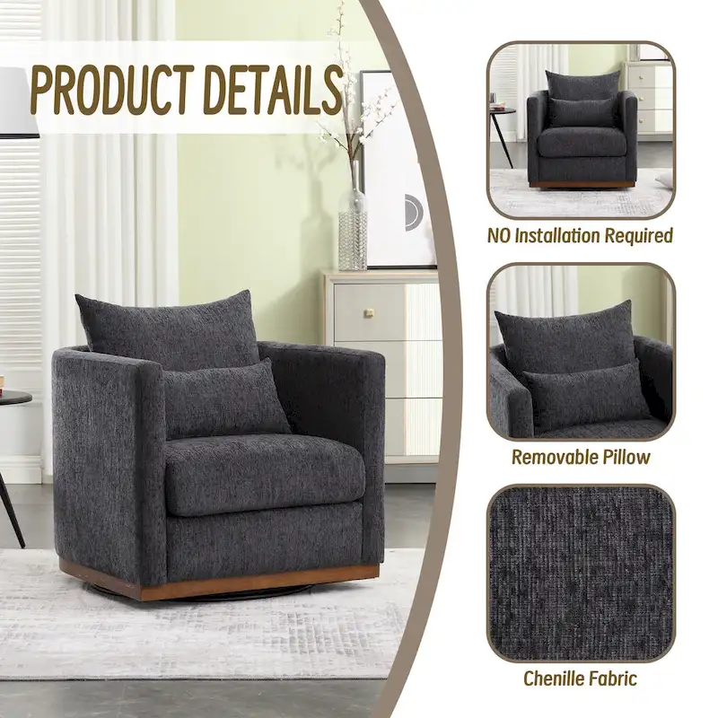 Chenille Swivel Barrel Chair with Sturdy Metal Base and Ergonomic Design